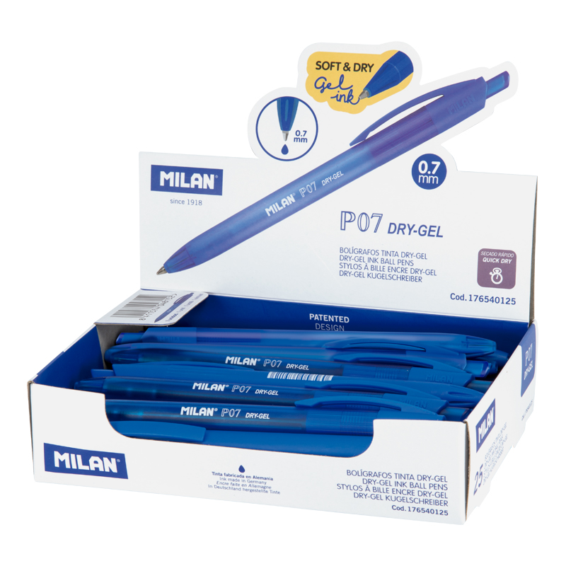 MILAN Długopisy P07 DRY-GEL kartonik, kolor niebieski, kartonik 25 szt.