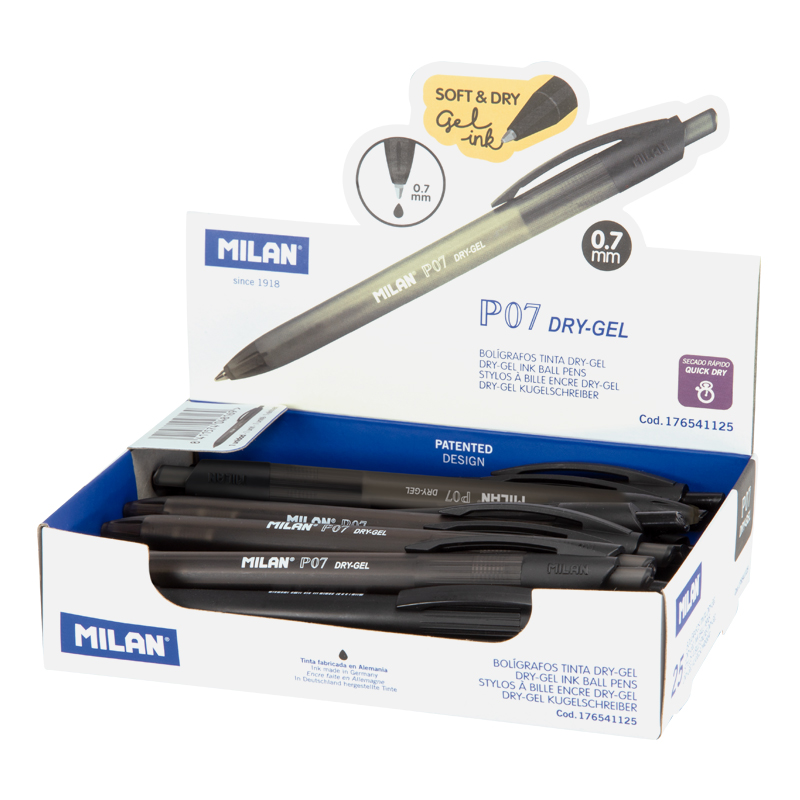 MILAN Długopisy P07 DRY-GEL kolor czarny, kartonik 25 szt.