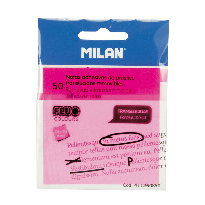 MILAN Karteczki samoprzylepne FLUO przezroczyste 76x76mm 50 kartek, różowe