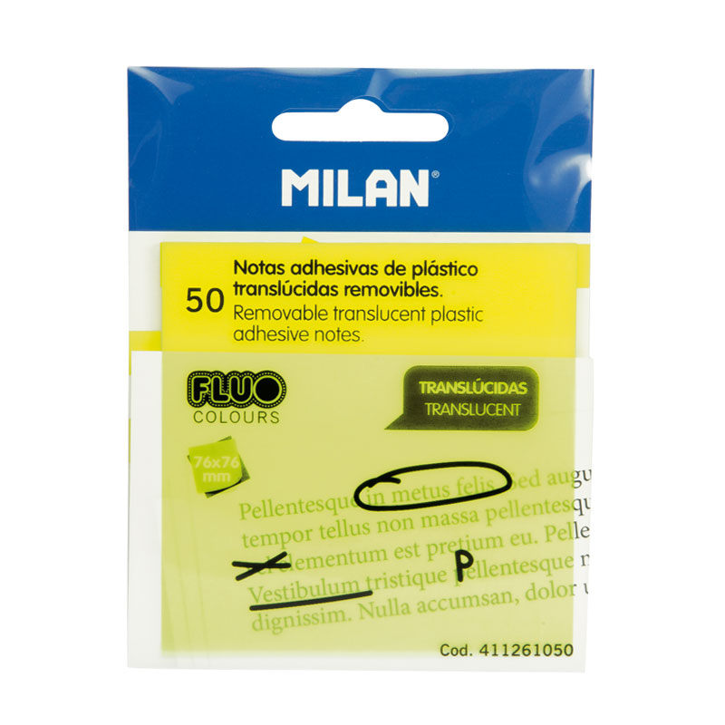MILAN Karteczki samoprzylepne FLUO przezroczyste 76x76mm 50 kartek, żółte