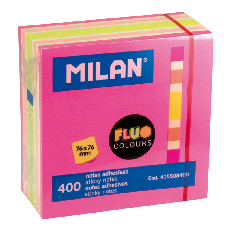 MILAN Karteczki samoprzylepne FLUO kostka mix 4 kolorów 76x76mm 400 kartek