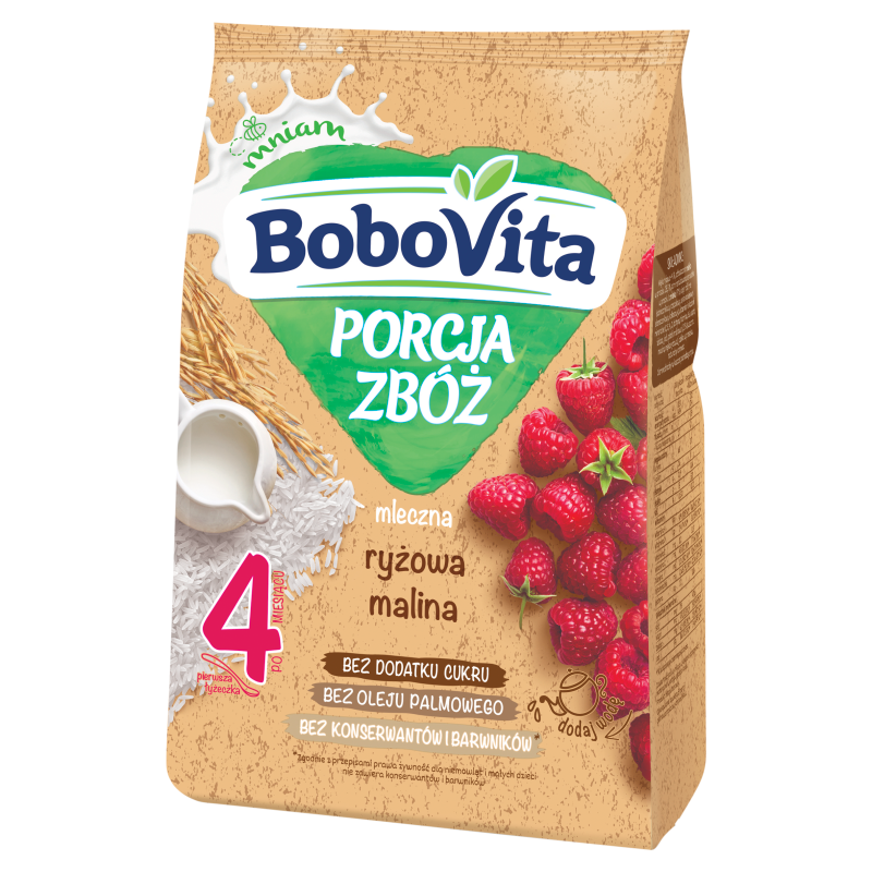 BOBOVITA Porcja Zbóż Kaszka mleczna o smaku malinowym po 4 miesiącu