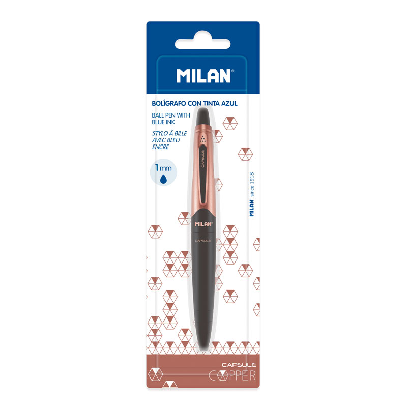 MILAN Długopis CAPSULE COPPER, niebieski tusz, czarna obudowa na blistrze