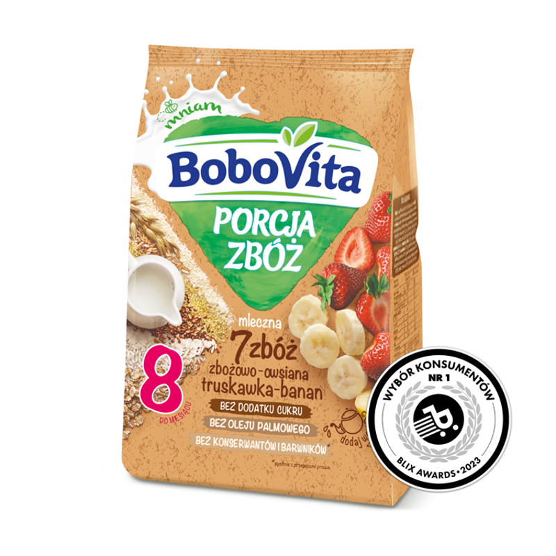 BOBOVITA Porcja Zbóż Kaszka mleczna 7 zbóż zbożowo-owsiana truskawka-banan od 8 miesiąca frisco.pl