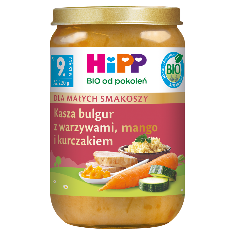 HIPP BIO od pokoleń Kasza bulgur z warzywami, mango i kurczakiem po 9 miesiącu