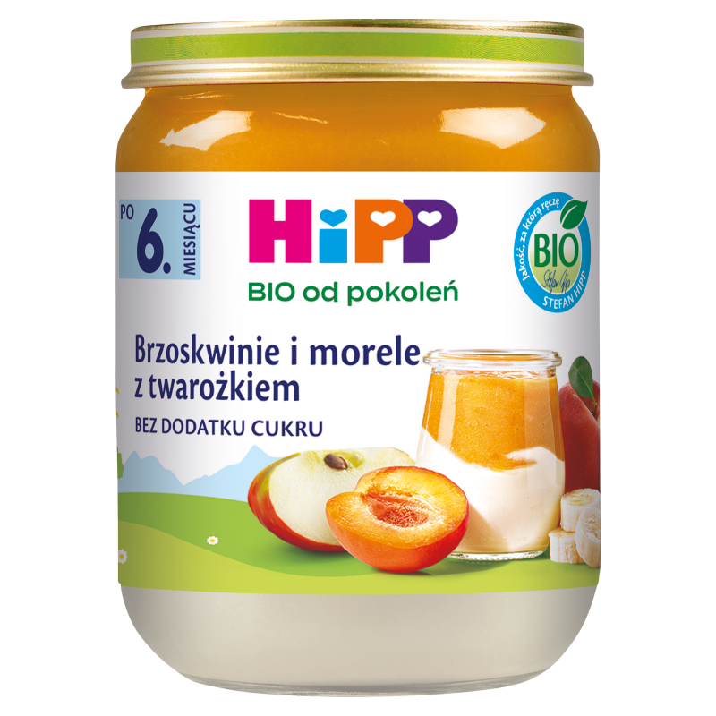 HIPP BIO od pokoleń Brzoskwinie i morele z twarożkiem - po 6 miesiącu frisco.pl