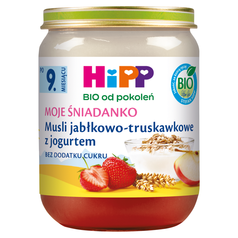 HIPP BIO od pokoleń Musli jabłkowo-truskawkowe z jogurtem po 9 miesiącu