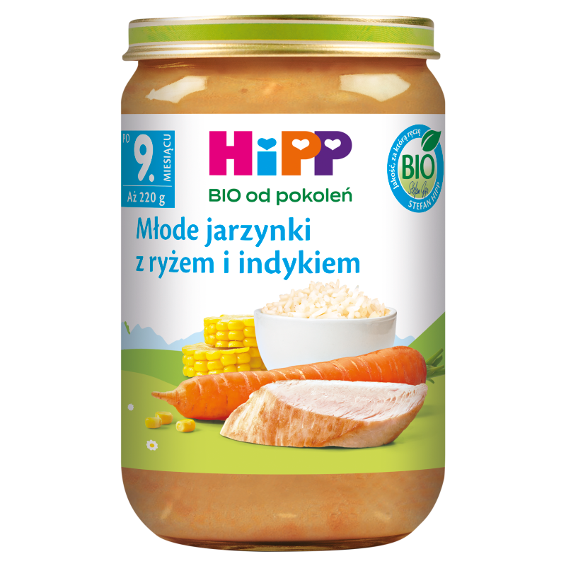 HIPP BIO od pokoleń Młode jarzynki z ryżem i indykiem po 9 miesiącu