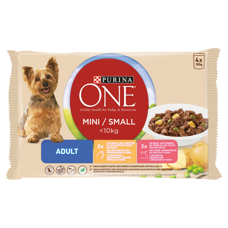 PURINA ONE Mini Adult Karma dla psów z wołowiną ziemniakami i marchewką w sosie 4x100g frisco.pl