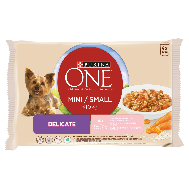 PURINA ONE Mini Delicate Karma dla psów z łososiem ryżem i marchewką w sosie 4x100 g frisco.pl