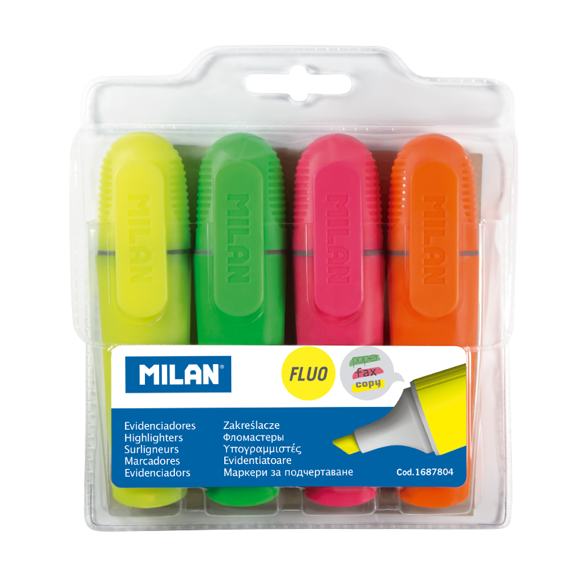 MILAN Zakreślacz FLUO płaski zestaw 4 kolorów