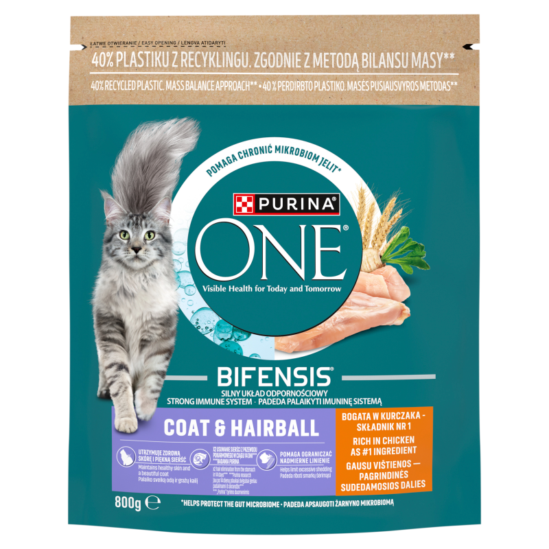 PURINA ONE Coat&Hairball Karma dla dorosłych kotów bogata w kurczaka i ziarna frisco.pl