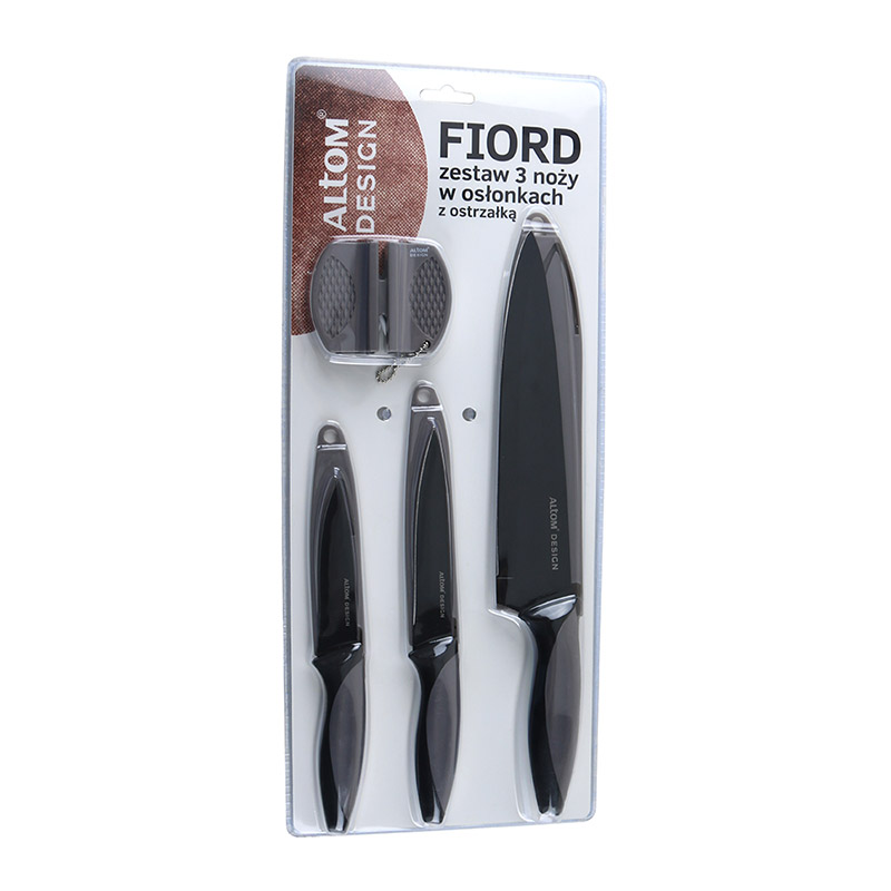 ALTOM DESIGN FIORD ZESTAW 3 NOŻY W OSŁONKACH Z OSTRZAŁKĄ TAUPE