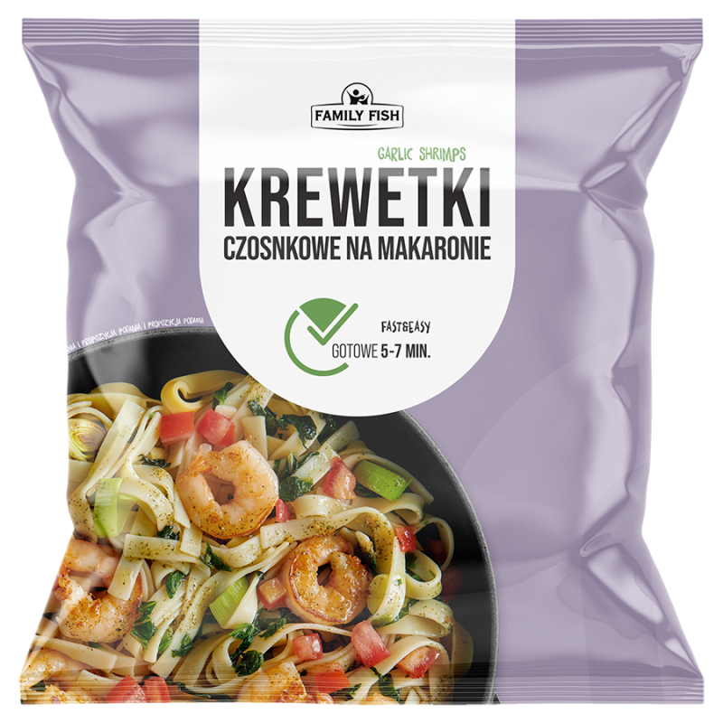 FAMILY FISH Czosnkowe krewetki na makaronie