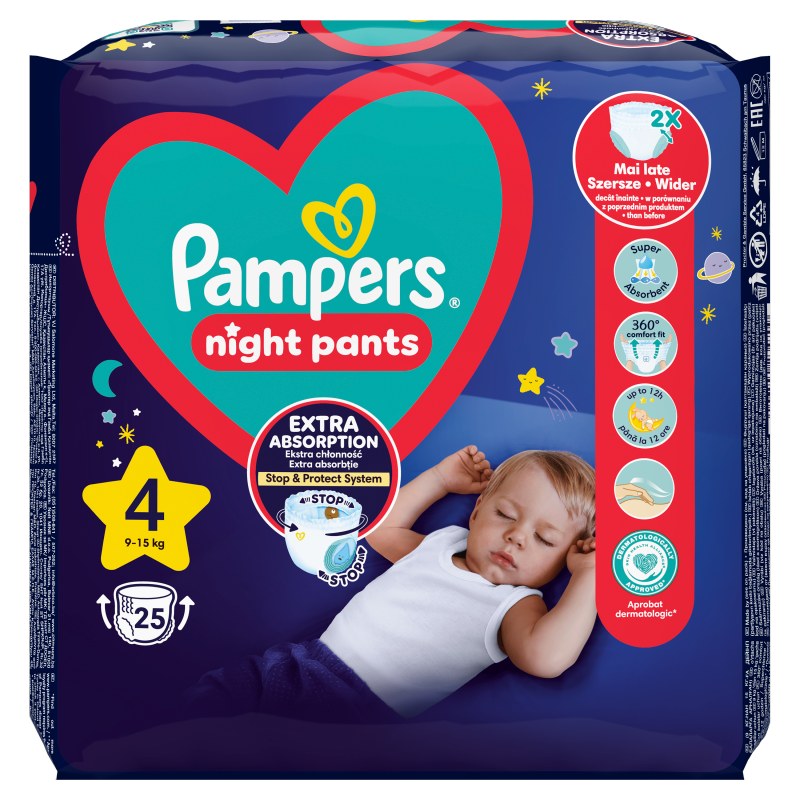 PAMPERS Night Pants Pieluchomajtki rozmiar 4 (9-15 kg) 25 szt.