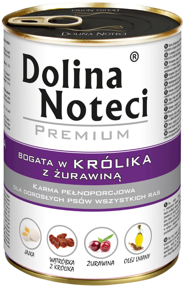 DOLINA NOTECI Premium Mokry pokarm dla dorosłych psów wszystkich ras z królikiem i żurawiną puszka