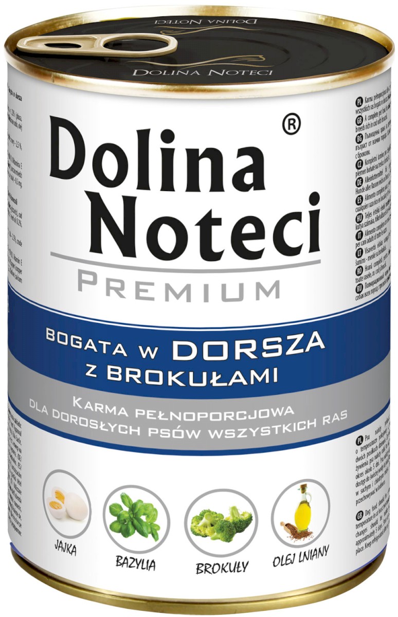 DOLINA NOTECI Premium Mokry pokarm dla dorosłych psów wszystkich ras z dorszem i brokułami puszka