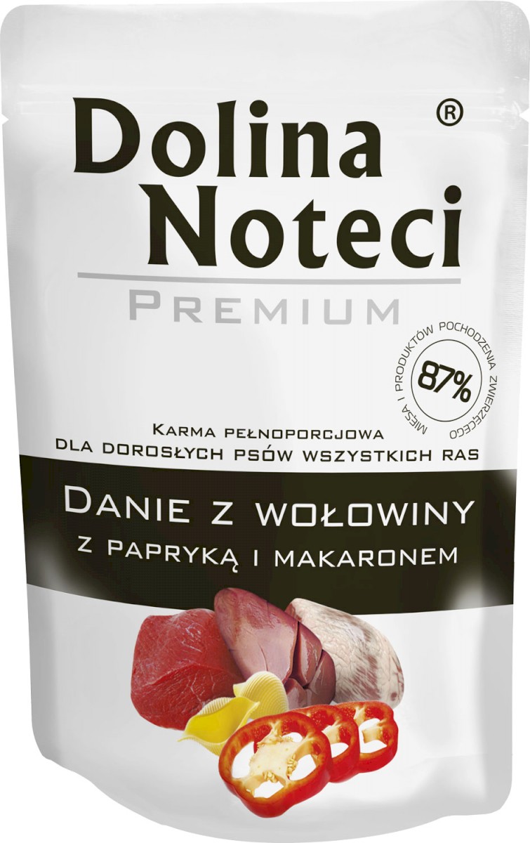 DOLINA NOTECI Premium Mokry pokarm dla dorosłych psów wszystkich ras z wolowiną papryką i makaronem saszetka