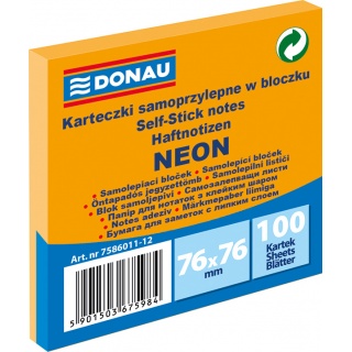 DONAU Bloczek samoprzylepny 76x76MM 100 kart. neon pomarańczowy