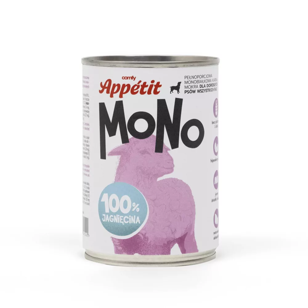 COMFY Appetit Mokry pokarm monoproteinowy dla dorosłych psów wszystkich ras z jagnięciną hipoalergiczny i bezzbożowy puszka