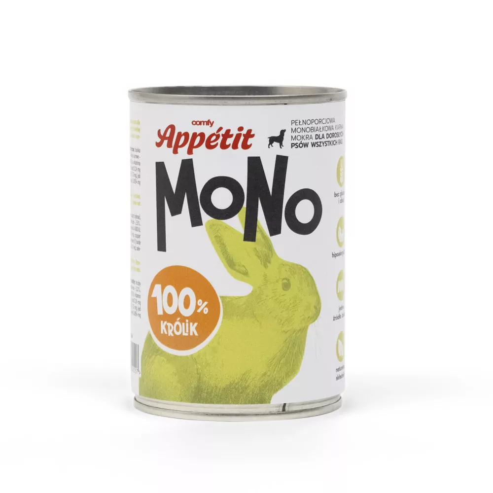 COMFY Appetit Mokry pokarm monoproteinowy dla dorosłych psów wszystkich ras z królikiem hipoalergiczny i bezzbożowy puszka