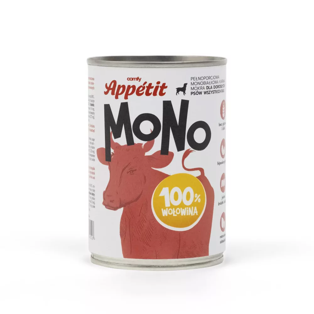 COMFY Appetit Mokry pokarm monoproteinowy dla dorosłych psów wszystkich ras z wołowiną hipoalergiczny i bezzbożowy puszka