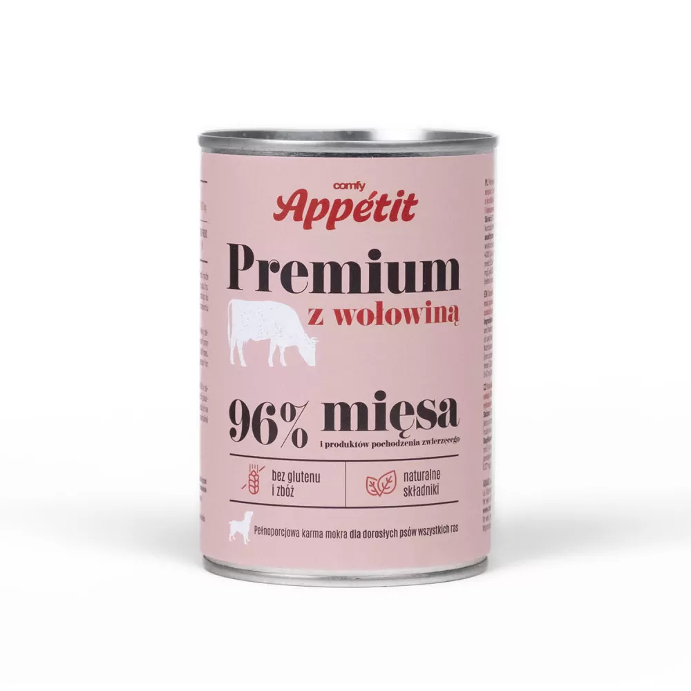 COMFY Appetit Mokry bezzbożowy pokarm Premium dla dorosłych psów wszystkich ras z wołowiną puszka
