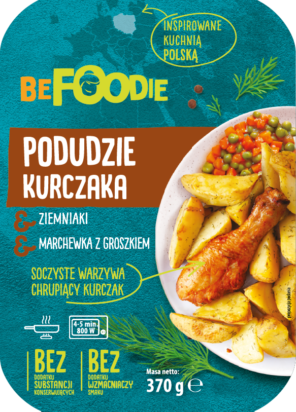 BE FOODIE Podudzie kurczaka z ziemniakami i marchewką z groszkiem