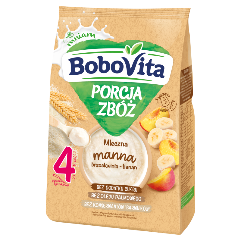 BOBOVITA Porcja Zbóż Kaszka mleczna manna bananowo-brzoskwiniowa - po 4 miesiącu frisco.pl