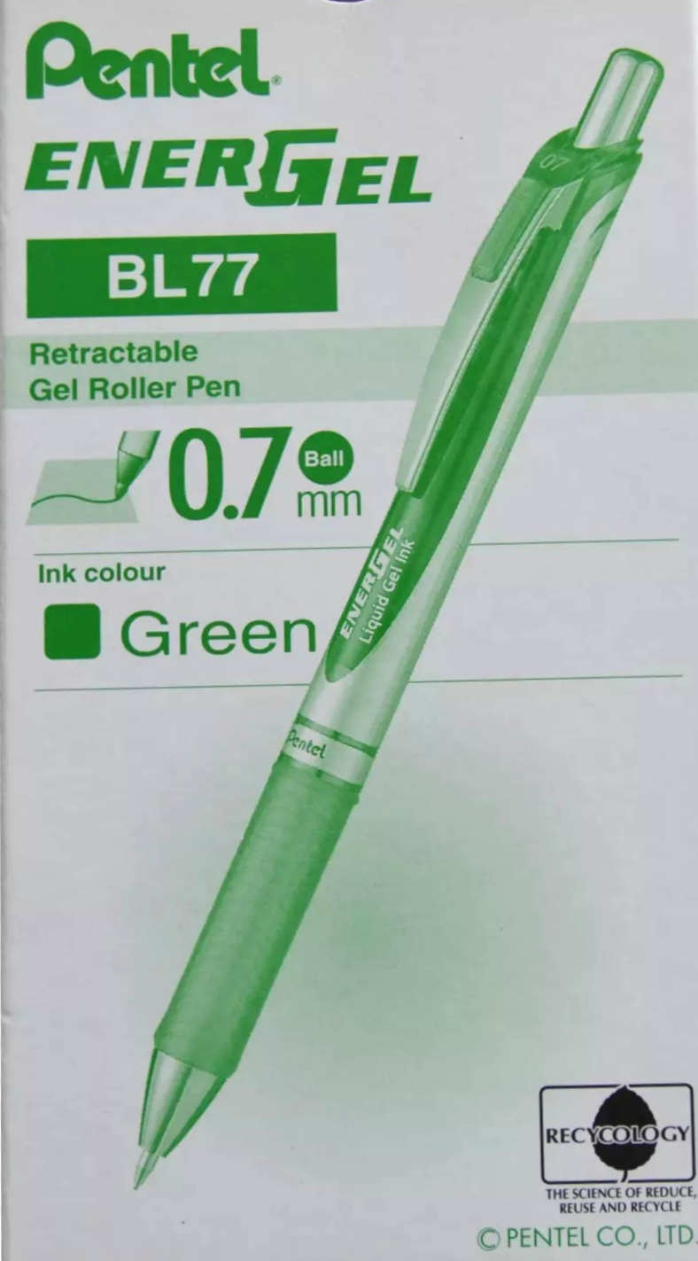 PENTEL Pióro kulkowe 07mm ENERGEL kolor zielony, zestaw 12 sztuk