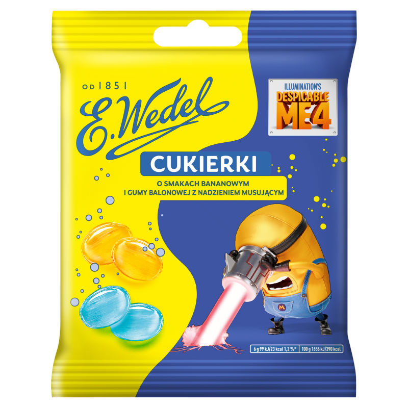 WEDEL Cukierki o smakach bananowym i gumy balonowej z nadzieniem musującym