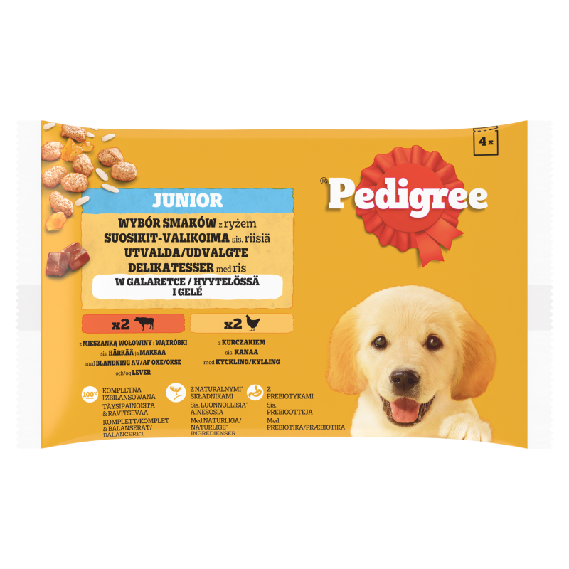 PEDIGREE Junior Pokarm dla Psów - Kurczak/Ryżem i Wołowina/Ryż (4 saszetki) frisco.pl