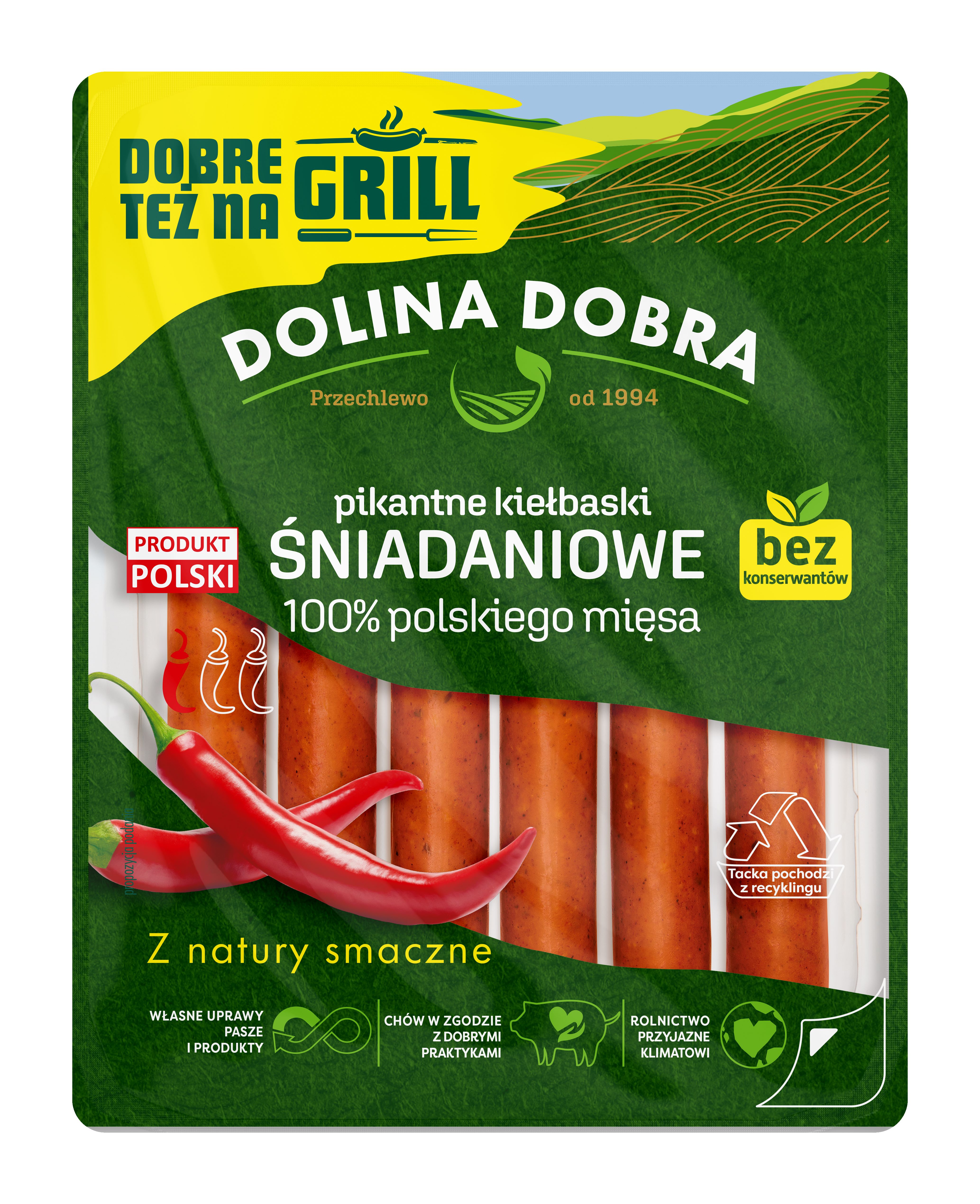 DOLINA DOBRA pikantne kiełbaski śniadaniowe 100% mięsa