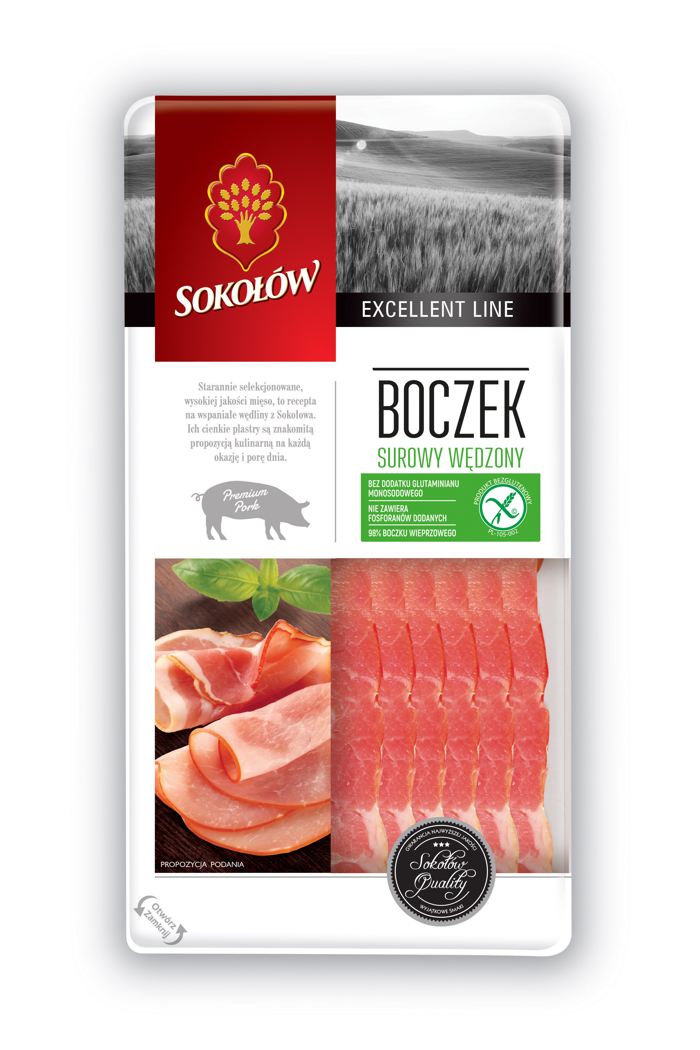 SOKOŁÓW Excellent Line Boczek surowy wędzony - plastry frisco.pl