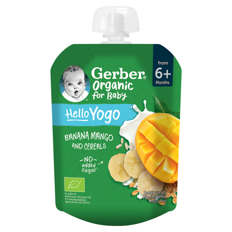 GERBER Organic Deserek w tubce banany mango z jogurtem i płatkami zbóż dla niemowląt po 6 miesiącu BIO frisco.pl