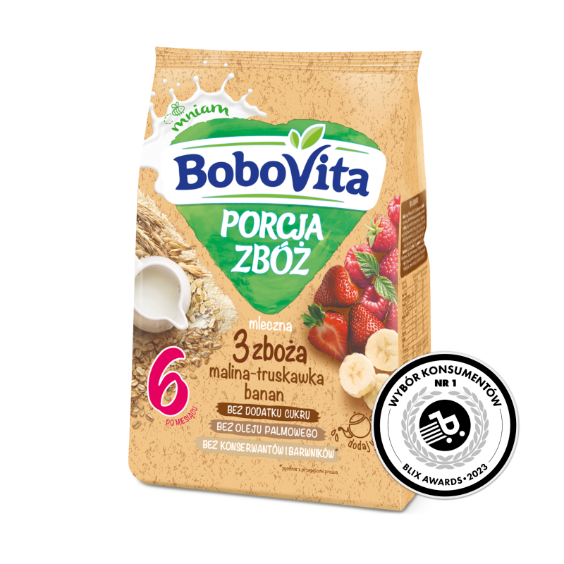 BOBOVITA Porcja Zbóż Kaszka mleczna 3 zboża malina-truskawka-banan od 6 miesiąca frisco.pl