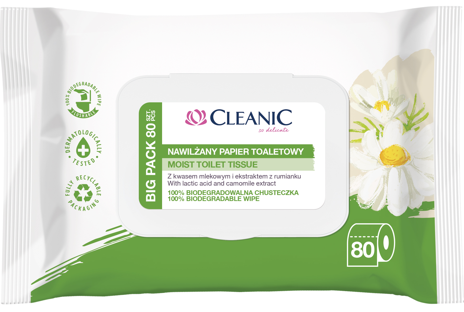 CLEANIC Papier nawilżany z ekstraktem z rumianku 80 szt.