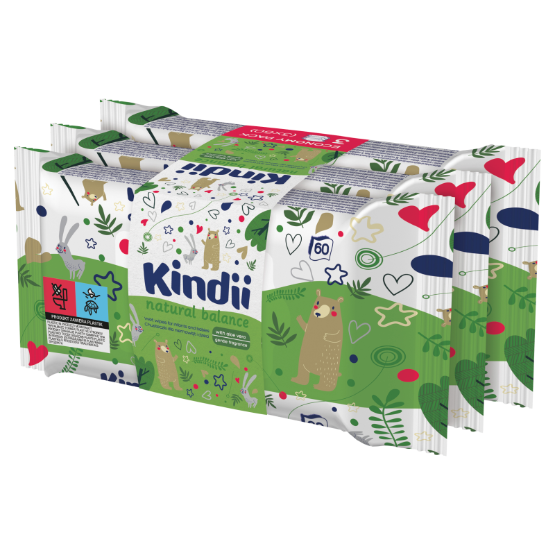 KINDII Natural Balance Chusteczki nawilżane dla dzieci i niemowląt 3x60 szt