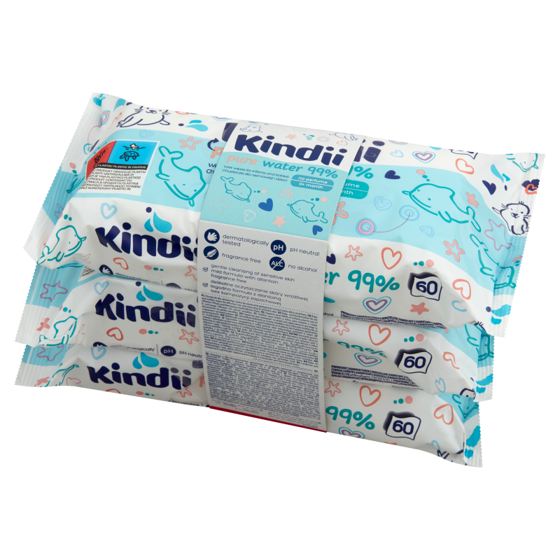 KINDII Pure Water 99% Chusteczki nawilżane dla niemowląt i dzieci 3x60 szt.
