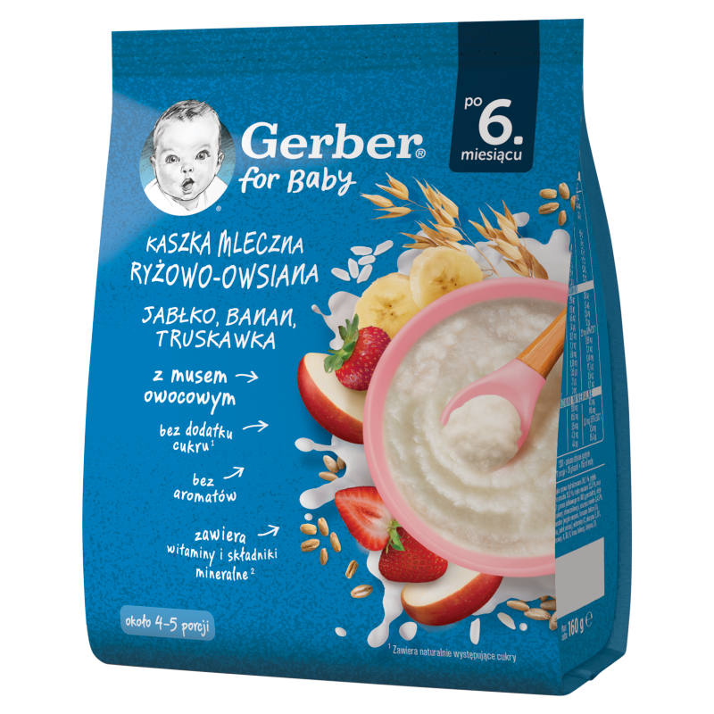 GERBER Kaszka mleczna ryżowo-owsiana jabłko banan truskawka po 6 miesiącu