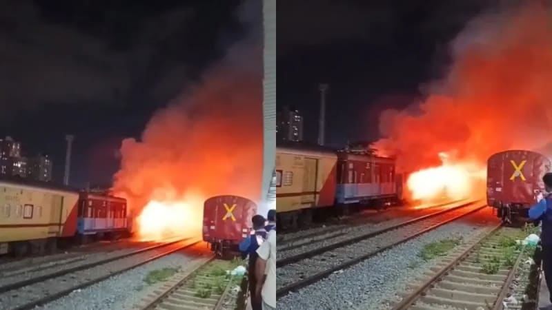 रात के अंधेरे में KSR रेलवे स्टेशन पर खड़ी ट्रेन बनी आग का गोला; दमकल ने पाया काबू, मुंबई और ग्वालियर में भी जली बसें