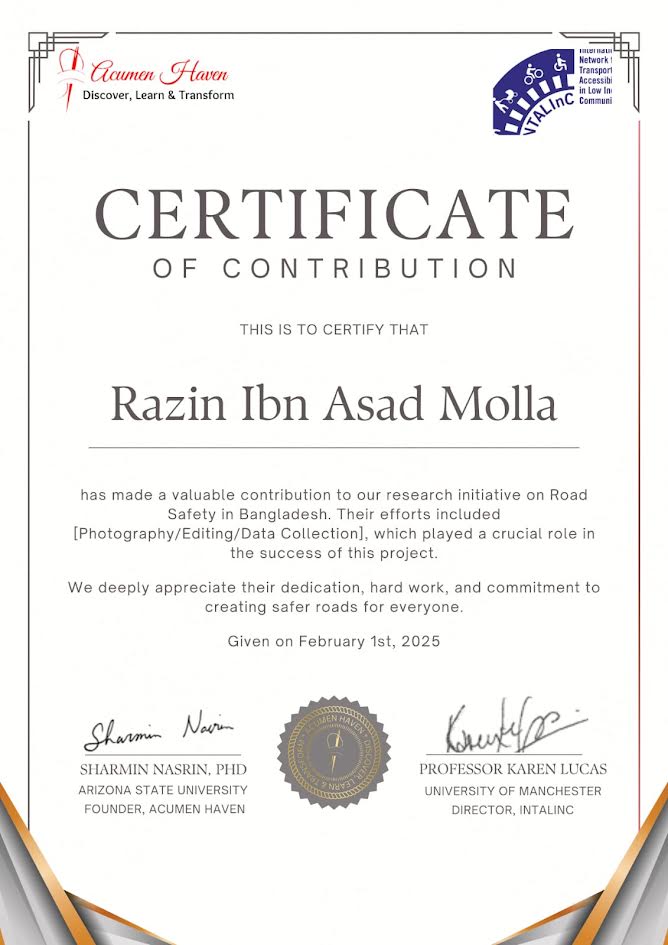 Certificate of Contribution: Road Safety in Bangladesh Research Initiative - Image 1