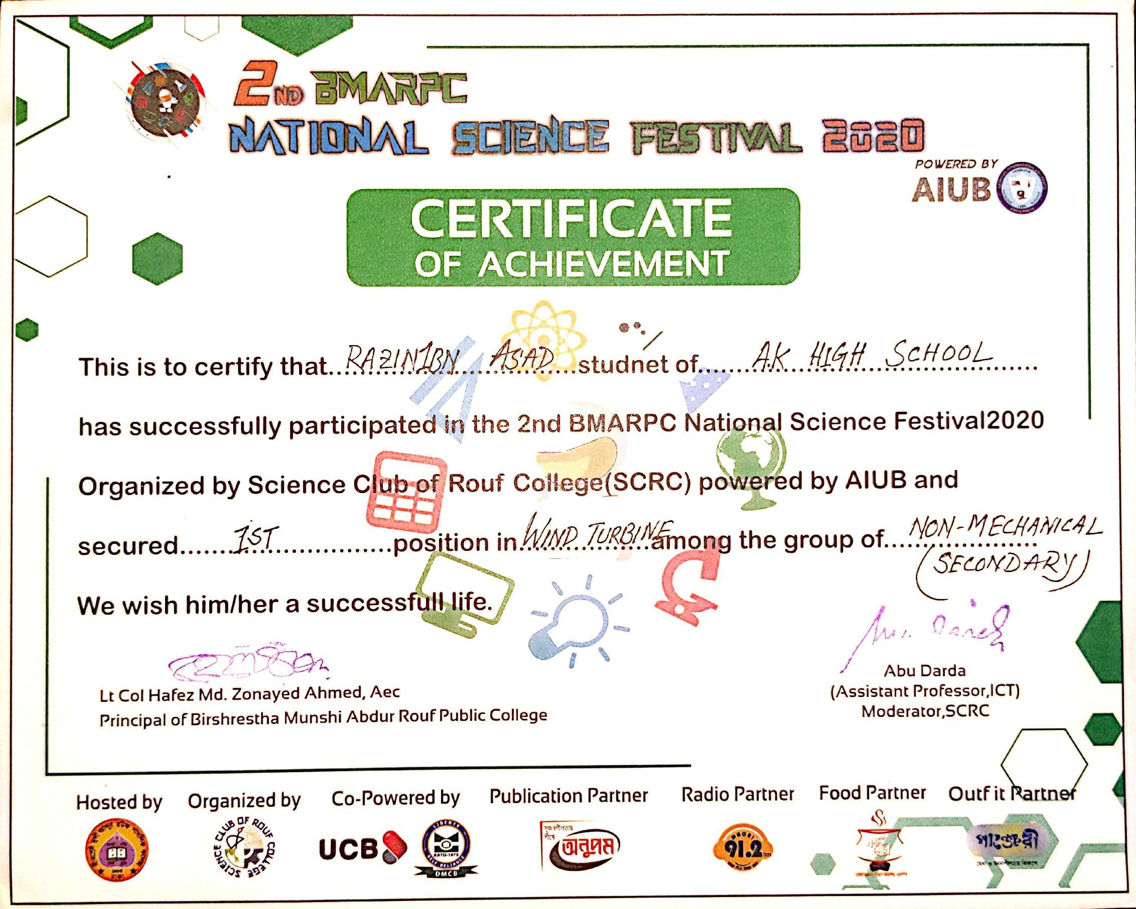 🥇 Champion (1st Position) | 2nd BMARPC National Science Festival 2020 - Image 1