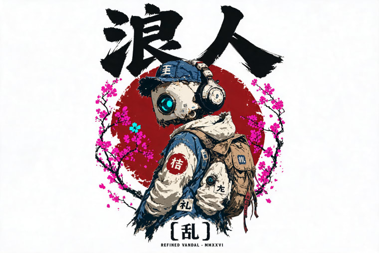 Ronin, a junk-punk scavenger robot in layered denim streetwear
