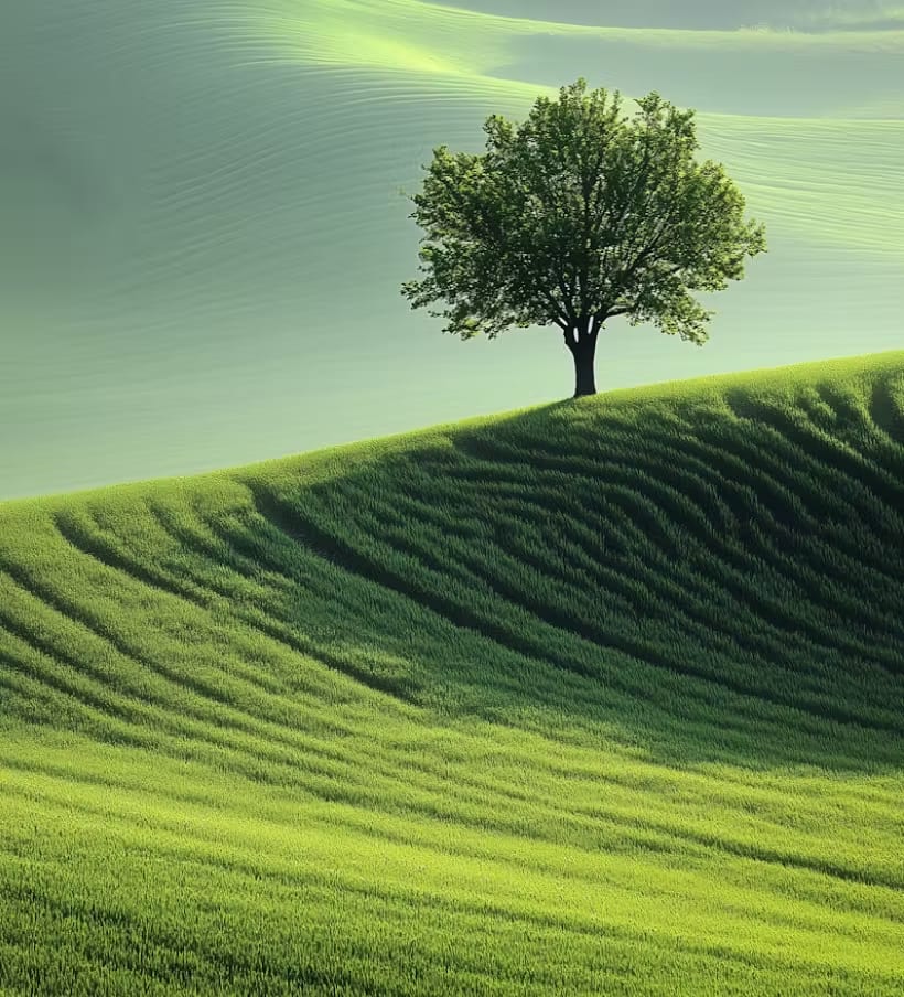 A lone green tree on a rolling grassy hill with light patterns in the sky.