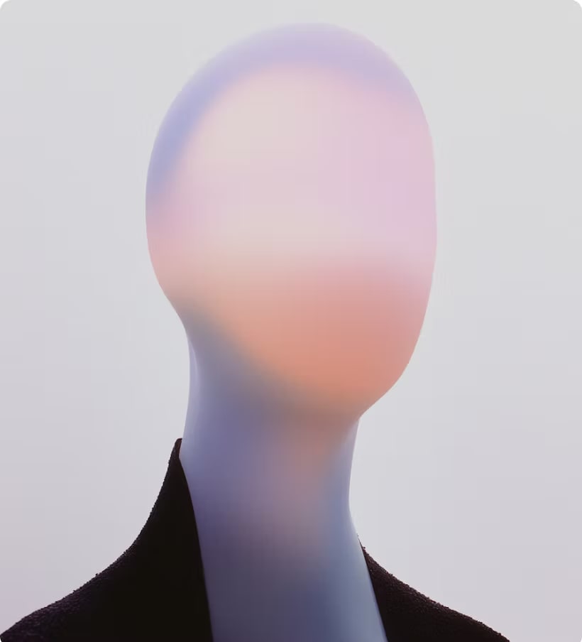 Abstract faceless figure with smooth gradient colors wearing a dark jacket on a light background.