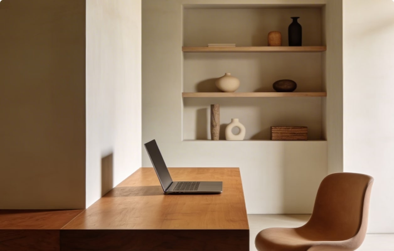 Minimalist office with a wooden desk, open laptop, brown chair, and built-in wall shelves with decor.