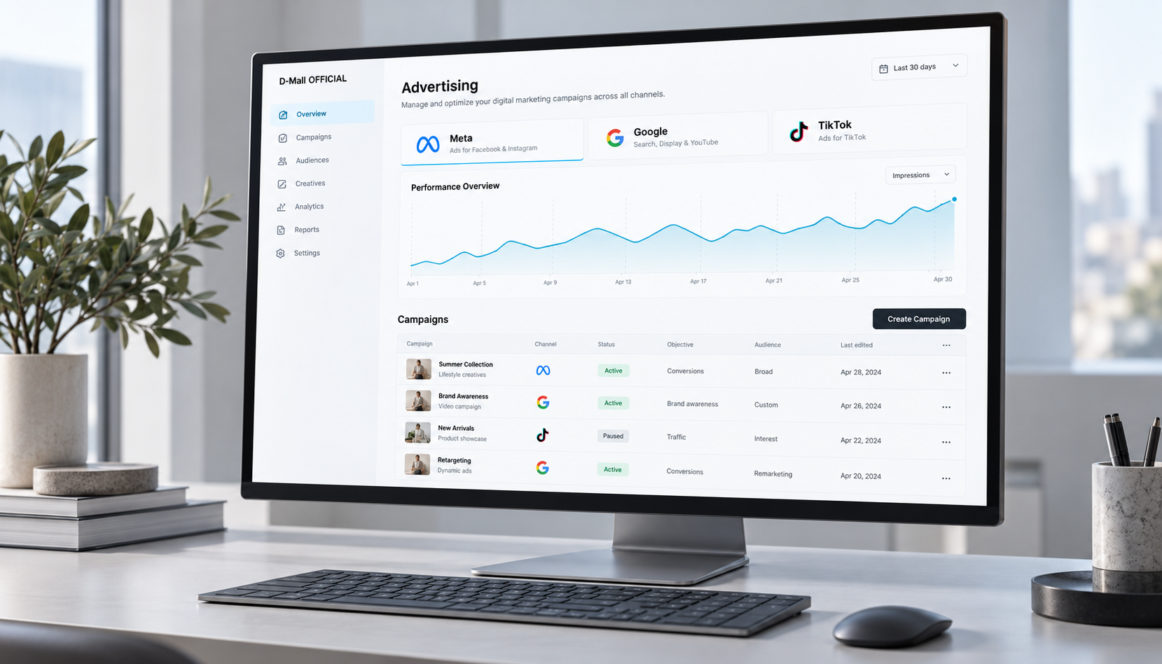 Digital marketing dashboard mockup with Meta, Google and TikTok campaigns