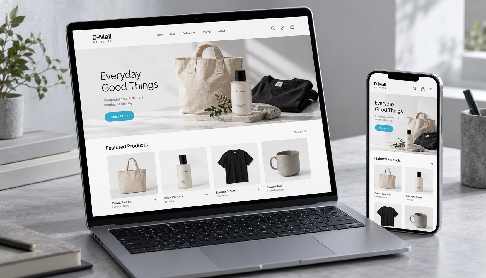 Shopify storefront mockup with a product collection and shopping cart