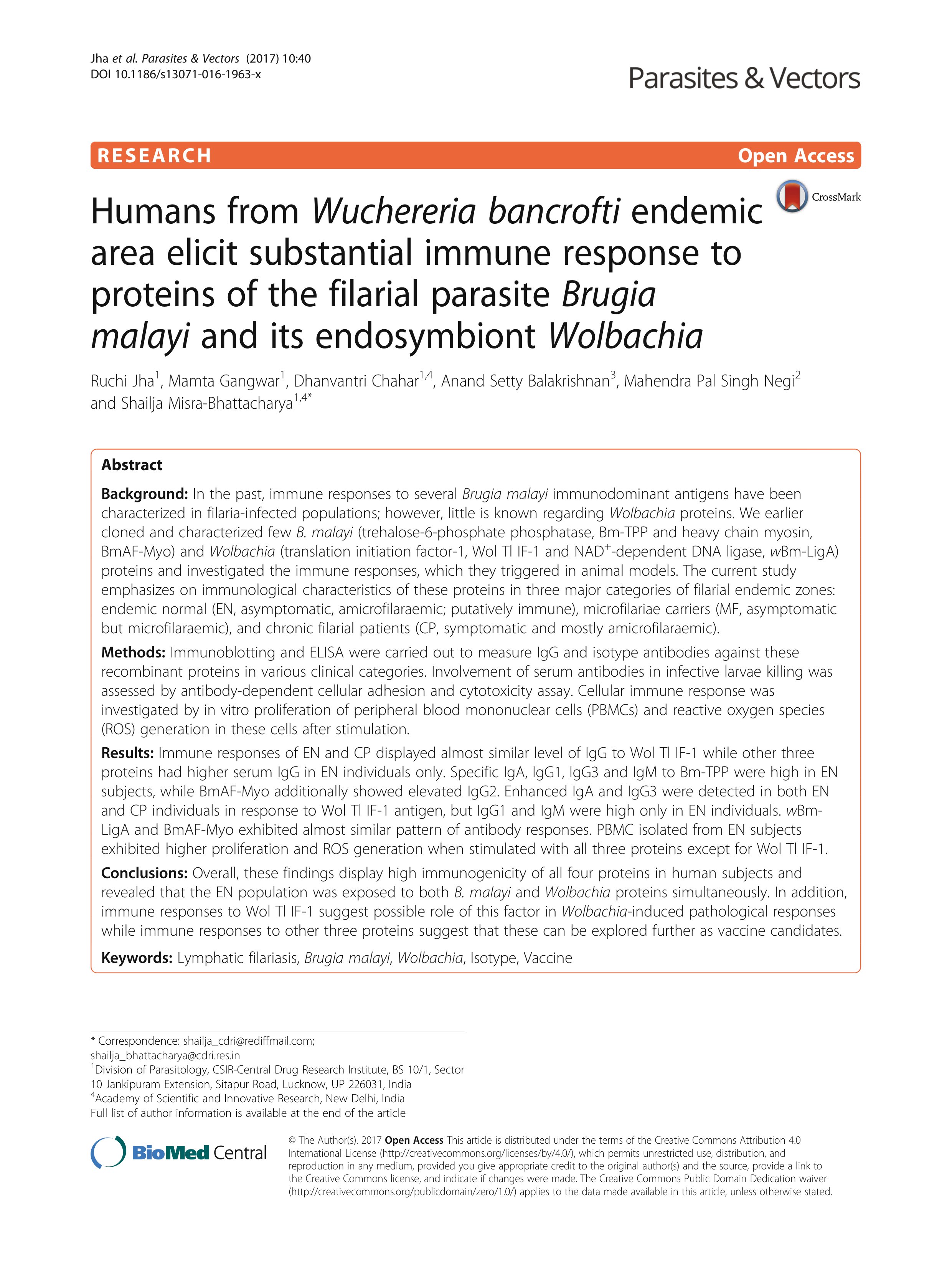 humans from wuchereria bancrofti endemic area elicit substantial immune response to proteins of the